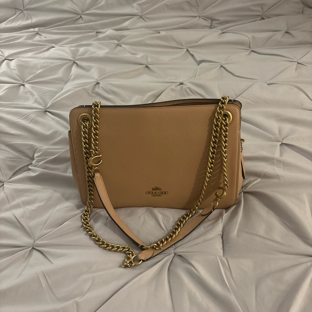 Coach Beige Leather Shoulder Bag with Gold Chain